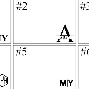 Puede incluir: Una cuadr&iacute;cula de seis cuadrados blancos, cada uno con un dise&ntilde;o negro. Los dise&ntilde;os incluyen iniciales, nombres y una corona de laurel. El texto incluye "MY", "ABBY", "C", "IYH" y "JACOB".