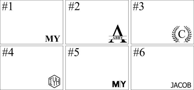 Puede incluir: Una cuadr&iacute;cula de seis cuadrados blancos, cada uno con un dise&ntilde;o negro. Los dise&ntilde;os incluyen iniciales, nombres y una corona de laurel. El texto incluye "MY", "ABBY", "C", "IYH" y "JACOB".