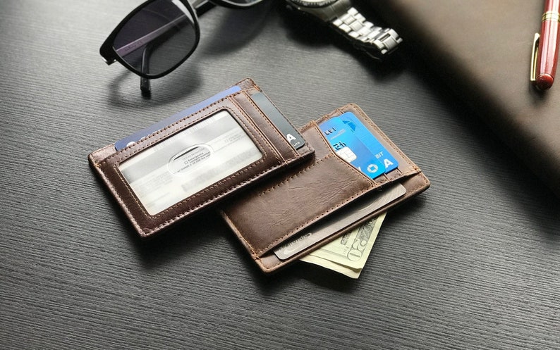 Personalized Slim Leather Wallet Men Women, Minimalist Wallet Card Holder, ID Holder, Groomsmen Gift 