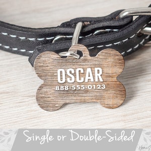 Rustic Pet ID Tag, Custom Pet Tag Dog ID Tag Boy, Faux Wood Pet Tag for Dog Tag, Personalized Pet Tag, Large Dog Tag, Bone Shaped Pet Tag