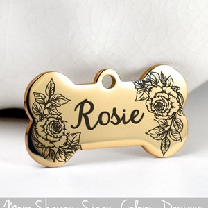 Rose Dog Tag, Engraved Pet ID Tag, Personalized Pet Name Tag, Floral Custom Dog Tag, Flower Pet Tag, Roses Cat Tag