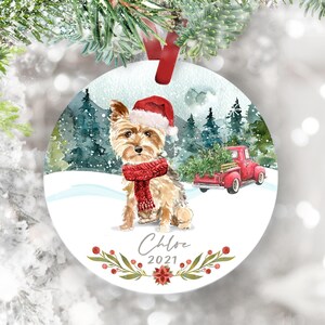 Personalized Dog Ornament, Red Truck Ornament, Watercolor Scene, Custom Dog Christmas Ornament, Yorkie Ornament, Yorkie Gift