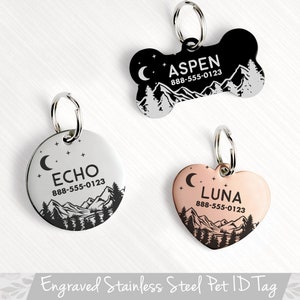 Moon Dog Tag, Engraved Mountain Dog ID Tag, Tree Pet ID Tag for Dogs, Personalized Pet ID Tag for Dog