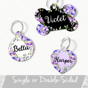 Flower Pet ID Tag, Violet Dog Tag for Dog, Personalized Floral Pet Tag, Flower Cat Name Tag, Purple Custom Dog Tag
