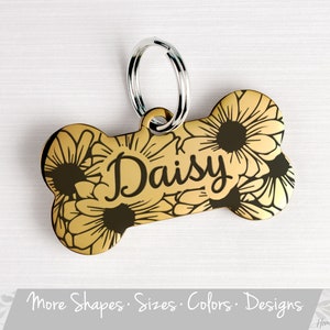 Daisy Dog Tag, Engraved Pet ID Tag, Personalized Pet Name Tag, Floral Custom Dog Tag, Daisy Pet Tag, Daisy Cat Tag