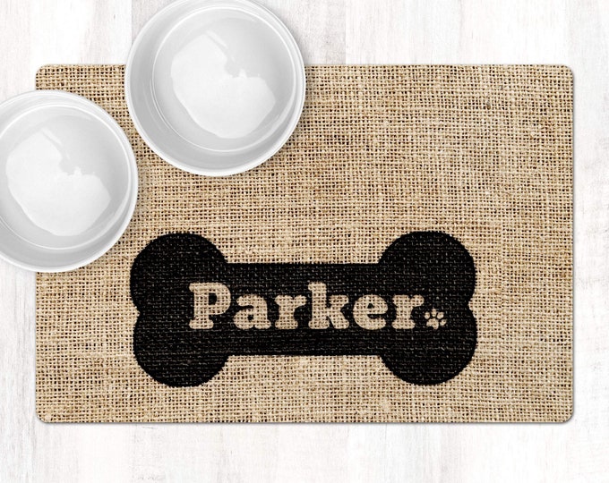 Personalized Pet Food Mat, Faux Burlap Pet Placemat, Bone Dog Food Mat