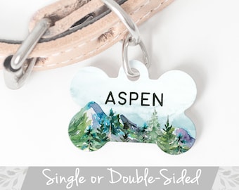 Mountain Dog Tag, Rustic Dog Tag for Dogs, Tag for Boy Dog, Personalized Pet ID Tag for Dog Girl, Tree Wilderness Double Sided Dog Tag Large