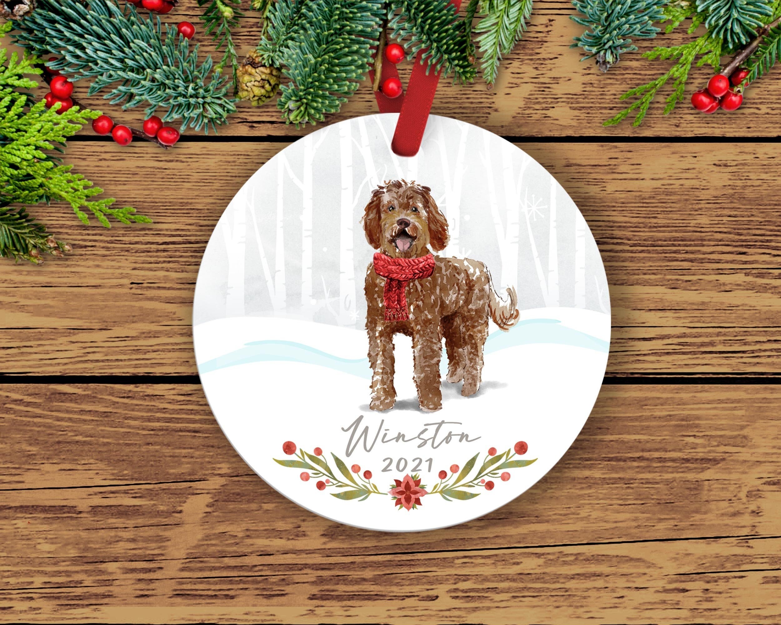Personalized Dog Ornament, Labradoodle Ornament, Watercolor Scene