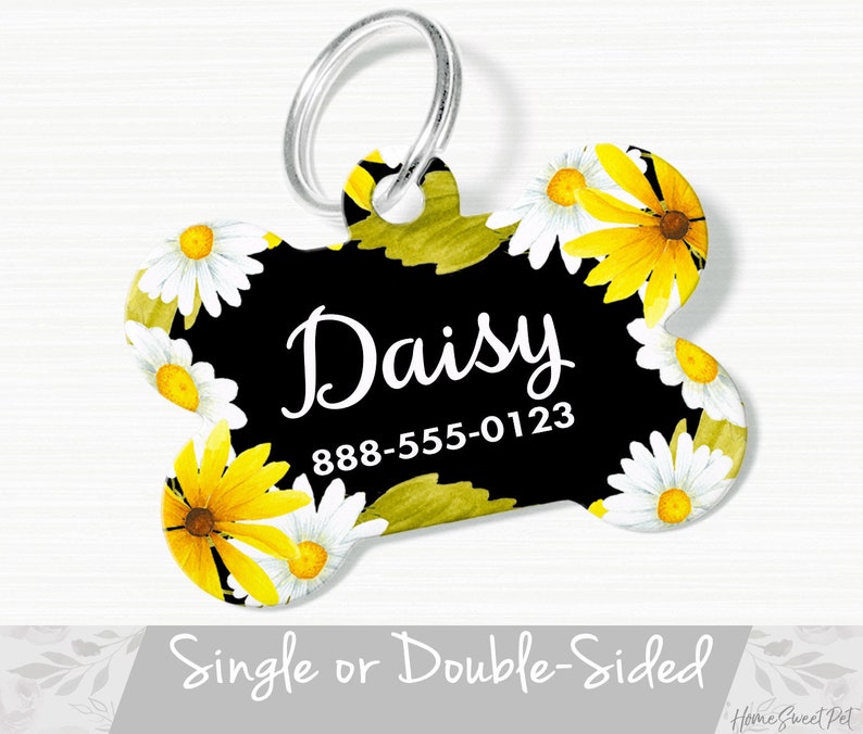 Daisy Dog Tag, Yellow Daisies Dog Tag Personalized Dog Tag for Dog, Yellow Daisies Dog Tag Floral Pet Tag Bone Shape Daisy Floral Dog Tag