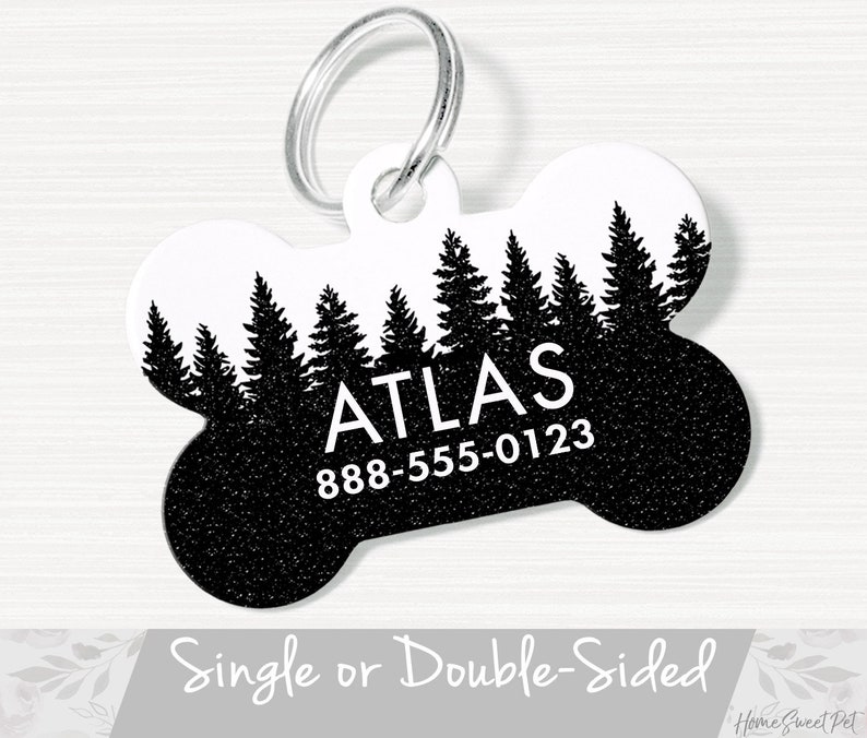 Wilderness Dog Tag for Dogs, Personalized Pet ID Tag for Dog, Tree Dog Tag, Tag for Boy Dog, Black Dog Tag Large, 2 Sided Dog Tag Bone Shape