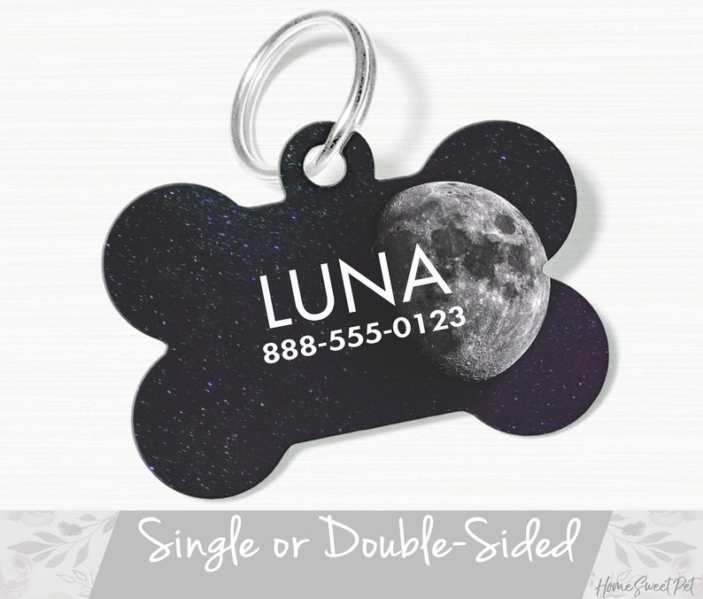 Moon Dog Tag, Celestial Dog Tag for Dog, Personalized Pet ID Tag, Space Dog Tag for Small Dog, Double Sided Dog Tag Large, Moon Pet Tag