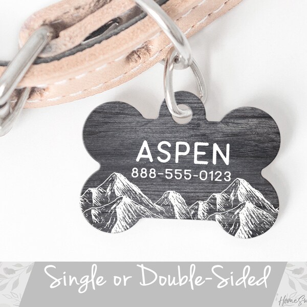 Rustic Dog Tag, Mountain Dog Tag for Dogs, Tag for Boy Dog, Personalized Pet ID Tag for Dog, Double Sided Wilderness Faux Wood Dog Tag Large