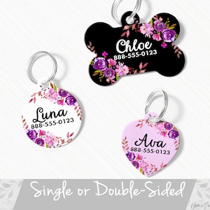 Floral Pet ID Tag, Double Sided Dog Tag for Dog, ID Tag Floral, Round Pet Tag Heart, Personalized Floral Pet Tag, Custom Floral Dog Tag
