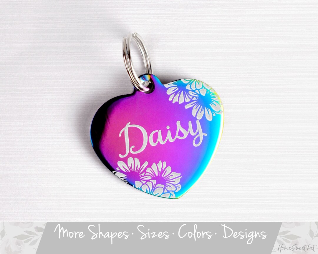 Engraved Daisy Pet ID Tag, Personalized Pet Name Tag, Rainbow Heart