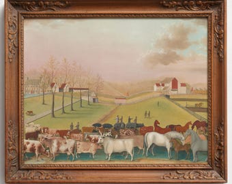 Pintura de paisaje de granja ganadera primitiva / Lámina antigua de ganado, decoración de arte popular rústico