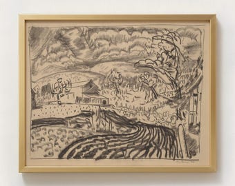 Boceto de paisaje de Woodstock, lámina de archivo / Arte mural de estilo rústico vintage, dibujo antiguo expresionista a carboncillo