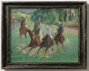 Pintura al óleo vintage de carreras de caballos / Arte mural ecuestre impresionista, lámina antigua de jinete, decoración clásica de alta calidad.