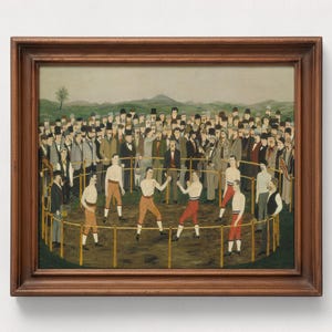 May include: A framed painting depicting a boxing match inside a circular rope ring on a dirt ground. Four boxers in white shirts and red or tan trousers spar while a large crowd of spectators in formal attire watches from behind the ropes.