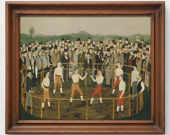 Lámina vintage con escena de combate de boxeo / Arte masculino antiguo, póster de decoración deportiva primitiva