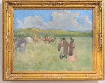 Lámina artística de carreras de caballos / Paisaje ecuestre de estilo vintage