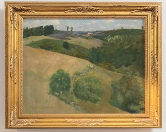 Vintage Country Landscape Painting | Antique Rural Field Art, Serene Rustic Decor, Muted Tone Meadow Print