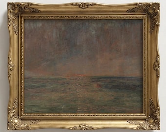 Moody Ocean Oil Painting Print | Vintage Impressionist Coastal Sunset, Dark Academia Wall Art, Antique Tonalist Landscape Framed Print