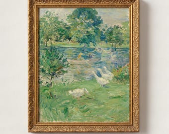 Lámina artística de gansos y bote de remos / Paisaje verde, decoración de pared estilo cottagecore
