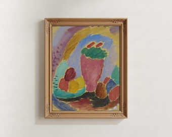 Bodegón abstracto de frutas, lámina artística de archivo / Pintura al óleo fauvista de la década de 1910, vibrante decoración modernista para cocina y comedor.
