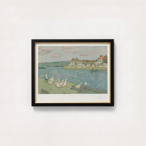 Impressionist River Landscape Art Print | Vintage Geese Painting, Pastel Countryside Goose Wall Decor, Animal Portrait, Bird Watcher Gift