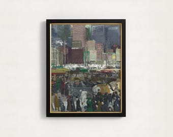 Pintura al óleo vintage de invierno en Nueva York / Lámina artística antigua de una escena callejera de la ciudad de Nueva York, decoración urbana de Madison Square con un toque melancólico
