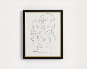 Minimalist Face Line Art Print | Abstract Portrait Sketch, Three Figures Ink Drawing, Modern Black and White Wall Decor, Dark Academia Art