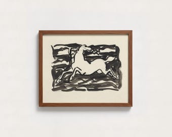 Minimalist Horse Ink Sketch Art Print | Abstract Jumping Horse Wall Decor, Equestrian Brush Stroke Drawing, Modern Monochrome Art