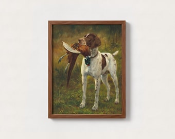 Vintage Hunting Dog Oil Painting Print | Pointer with Pheasant Art, Sporting Dog Wall Decor, Rustic Lodge Decor, English Country