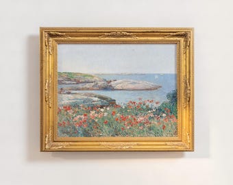 Vintage English Coastal Painting, Impressionist Floral Seascape, Framed Art Print