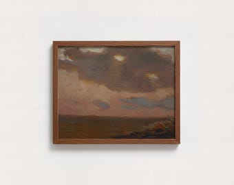 Pintura de paisaje oceánico melancólico, arte mural impresionista al óleo vintage con nubes, decoración rústica con atardecer rosa antiguo, impresión enviada por correo