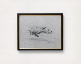 Vintage Running Dog Charcoal Sketch Print | Minimalist Whimsical Zoomies Decor, Neutral Wall Terrier Art