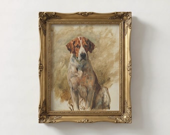 Pintura vintage de perro de caza, arte mural de pointer antiguo, decoración rústica clásica de caza del zorro