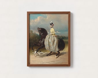 Grabados antiguos de María Antonieta: una mujer montando un caballo negro, decoración antigua, arte mural sin marco.
