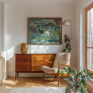Modern Horse Folk Art | Patina Blue Decor | Eclectic Expressionist Abstract Animal Wall Art, Whimsical Play Haus Nursery, Jade & Terracotta image 5
