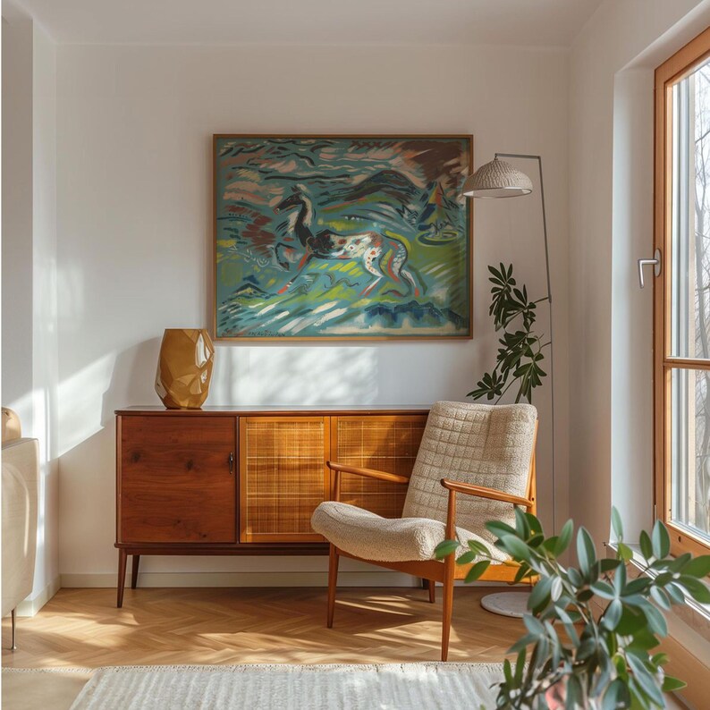 Modern Horse Folk Art | Patina Blue Decor | Eclectic Expressionist Abstract Animal Wall Art, Whimsical Play Haus Nursery, Jade & Terracotta image 5