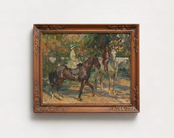Pintura al óleo de caballo ecuestre / Arte vintage de paseo matutino, paisaje de granja enmarcado, decoración Dark Academia