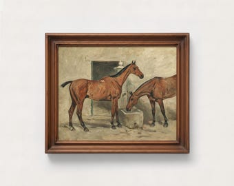 Impresión enmarcada de caballo vintage, pintura antigua de granja ecuestre, arte de pared con dos caballos en un establo, decoración rústica neutra para el hogar.