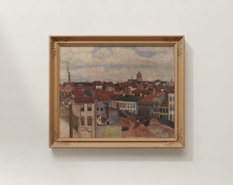 Moody Architectural Cityscape Painting, Oil Impressionist French Country Wall Art, Antique Muted Tonalist Decor, Mailed Framed Print