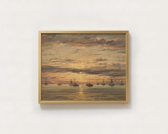 Vintage Sunset Sailboat Oil Painting | Maritime Seascape Wall Art, Nautical Sailing Boat Sea Decor, Golden Hour Ocean, Traditionalist Art
