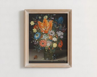 Dark Floral Wall Art Print | Moody Orange Lily and Blue Iris with Insect
