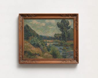 Pintura al óleo vintage de un paisaje fluvial impresionista, impresión artística enviada por correo