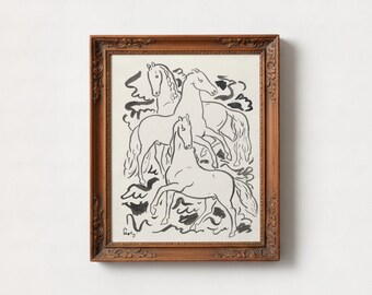 Minimalist Three Horses Ink Sketch Print | Fluid Line Drawing Wall Art, Modern Equestrian Animal Decor, Monochromatic Gallery Wall