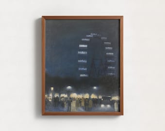 Vintage Ferris Wheel Blue Night Oil Painting | Dark Academia Decor, Moody Nocturne Gallery Wall Art, Antique Carnival at Night Cityscape