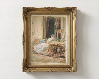 Vintage Coquette Woman Reading Painting, Impressionist Reading Nook Wall Art, Antique Blue Moody Grandmillennial Decor, Mailed Framed Print