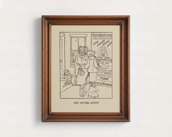 Funny Victorian Cat Cartoon | Vintage Illustration, Funny Bathroom Art Print, Dark Academia Cats Decor, Humor Line Drawing